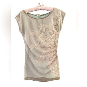 Cotton and nylon Lacey mesh shirt. Size medium. Grey with pink mesh overlay.